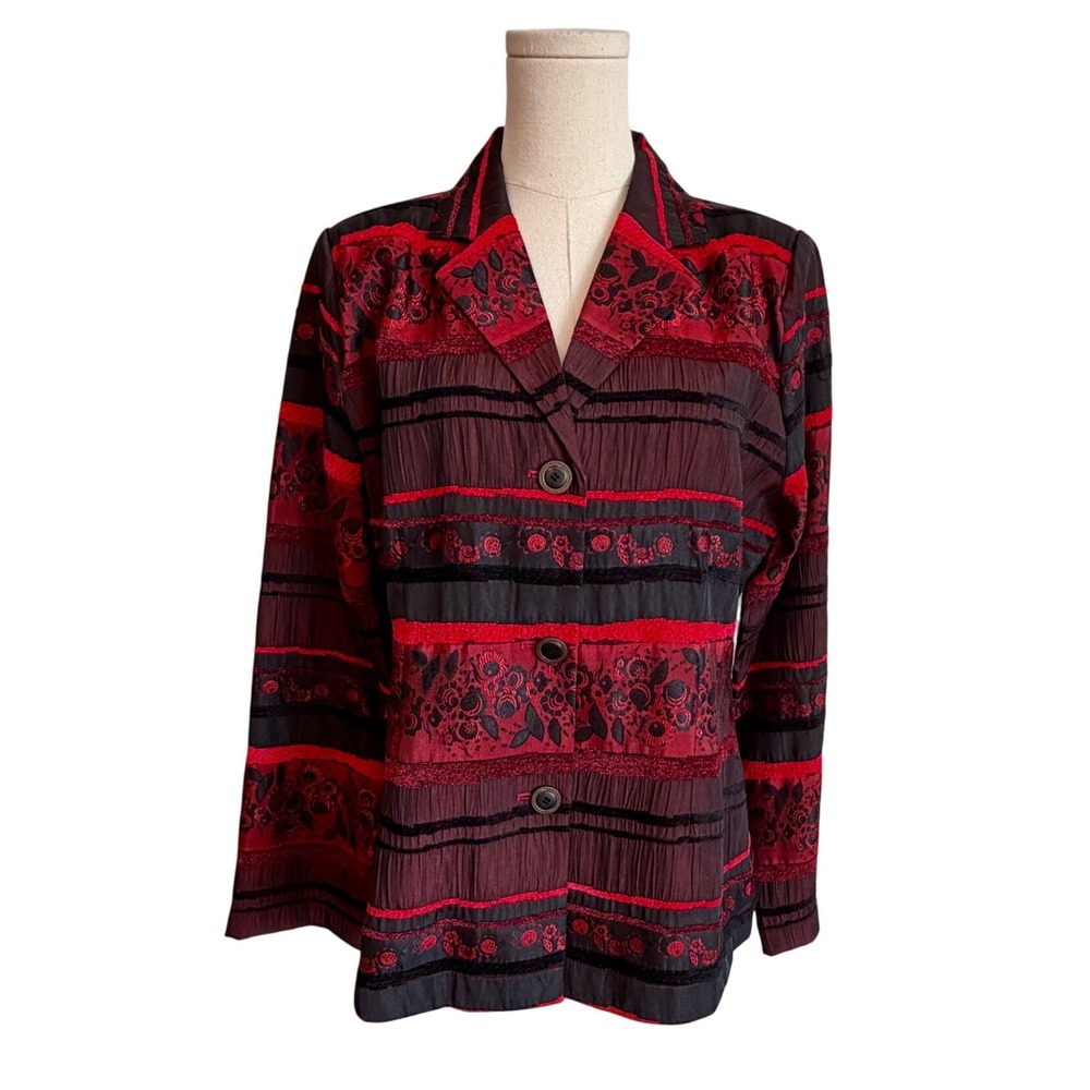 Christopher & Banks Red Black Floral Embroidered Textured Button Blazer Jacket L